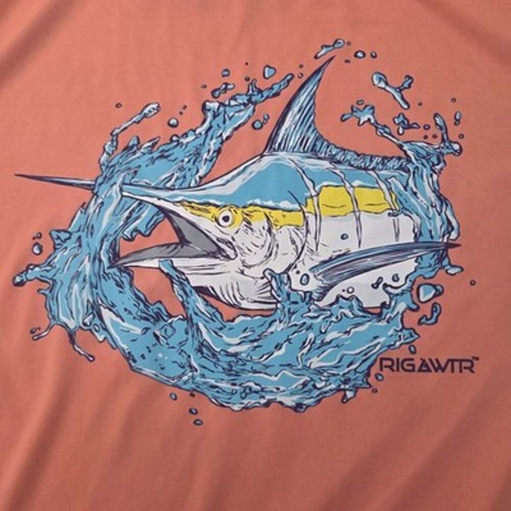 Rig & Water Peach Marlin Graphic Performance T-Shirt Mens L Fishing Short Sleeve